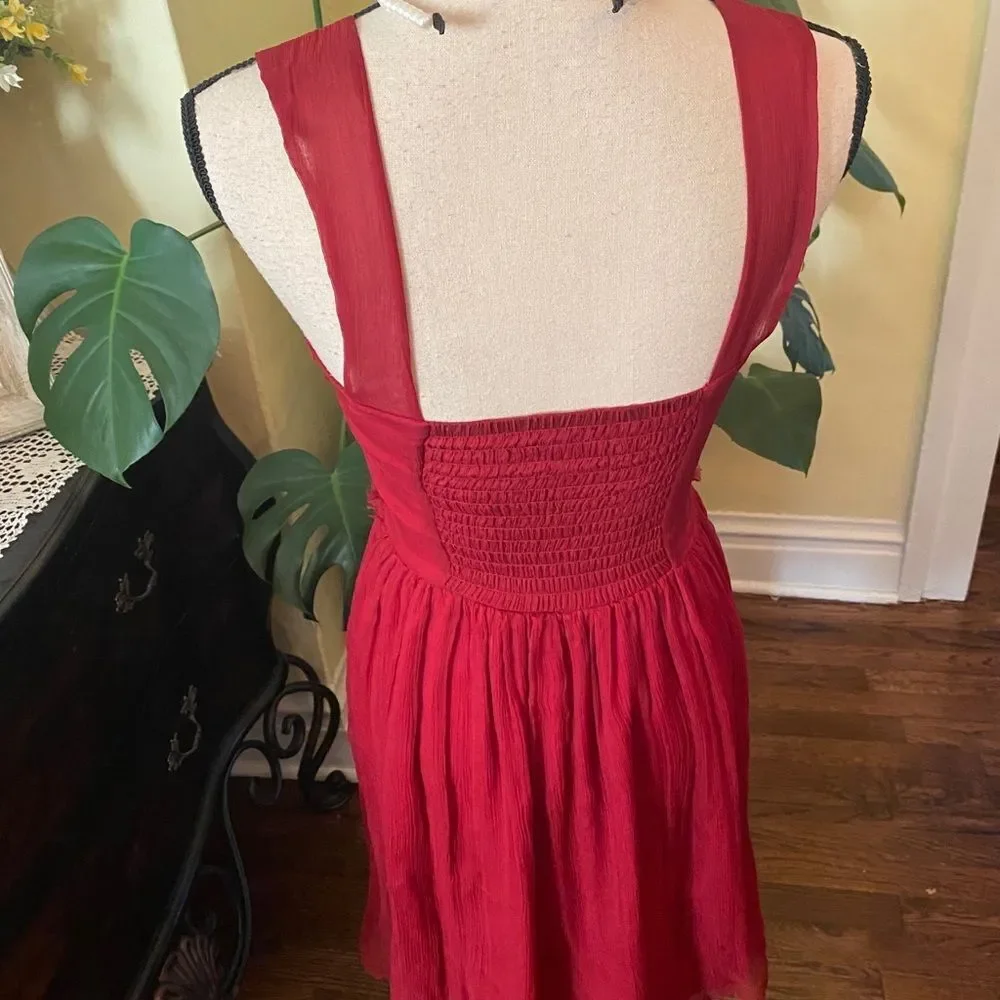 Burlapp Sz 4 💯 Silk Rosette Limed Red Dress - Picture 8 of 13